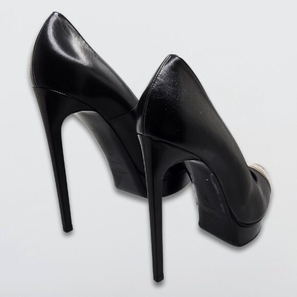 YSL Janis Pumps Pointed Cap Toes Zebra Pattern Snakeskin Calf Leather Black 40 - Picture 5 of 14